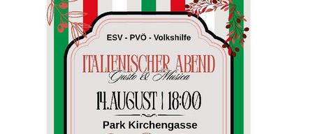 Plakat für einen italienischen Abend mit Musik und Essen, mit drei Männern und dem Datum 14. August, 18:00. Die Veranstaltung wird von ESV-PVO-Volkshilfe organisiert.