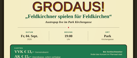 Ein Plakat für ein Live-Musik-Event mit der Band Grodaus, bei dem ein Mann Gitarre spielt und in ein Mikrofon singt. Das Event ist für Freitag, den 4. September 2026, um 19:00 Uhr im Park Kirchengasse geplant.