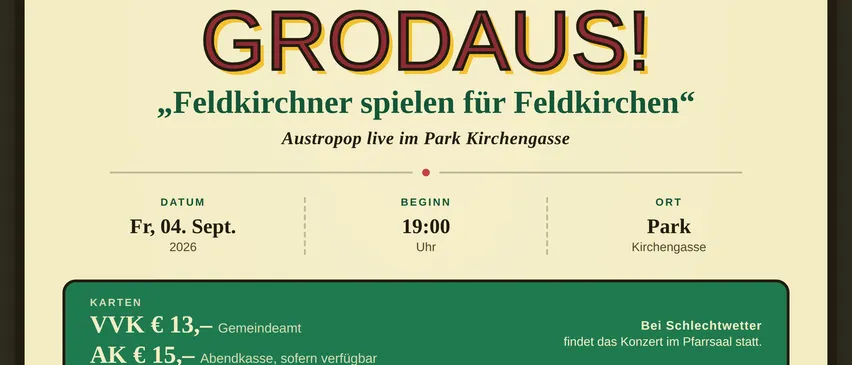 Ein Plakat für ein Live-Musik-Event mit der Band Grodaus, bei dem ein Mann Gitarre spielt und in ein Mikrofon singt. Das Event ist für Freitag, den 4. September 2026, um 19:00 Uhr im Park Kirchengasse geplant.