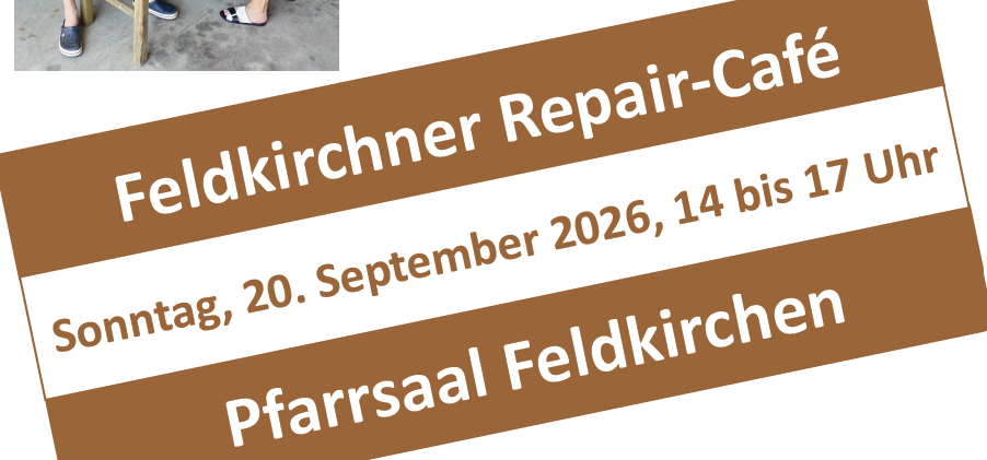 Plakat für Feldkirchner Reparatur-Café am Sonntag, 20. September 2026, von 14 bis 17 Uhr. Eine Person in Sandalen sitzt auf einem Holzstuhl.