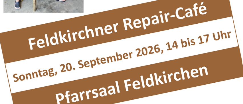 Plakat für Feldkirchner Reparatur-Café am Sonntag, 20. September 2026, von 14 bis 17 Uhr. Eine Person in Sandalen sitzt auf einem Holzstuhl.