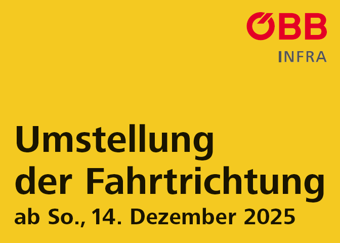 Gelber Banner mit einem roten 'BB' Logo und dem Text 'INFRA'. Darunter steht 'Umstellung der Fahrtrichtung ab So., 14. Dezember 2025' in fetter schwarzer Schrift.