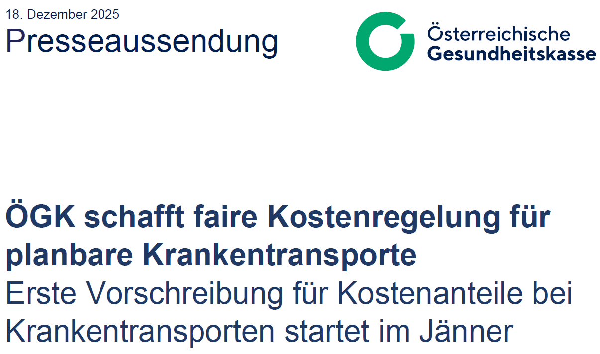 Das Bild zeigt das Logo von Österreich Gesund zusammen mit einem Text über die Kostenregelung für Krankentransporte, die im Januar beginnt.