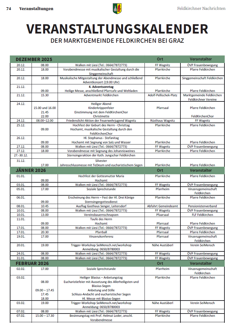 Tabelle mit Dezember 2025 und Januar 2026 Veranstaltungen, die Daten, Zeiten, Orte und Veranstaltungsdetails auflisten.