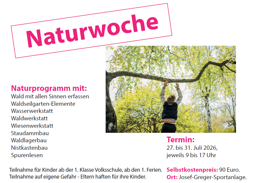 Ein Plakat für die Naturwoche zeigt ein Kind, das an einem Baumzweig hängt. Das Plakat enthält Informationen zu Datum, Zeit und Kosten für die Teilnahme.
