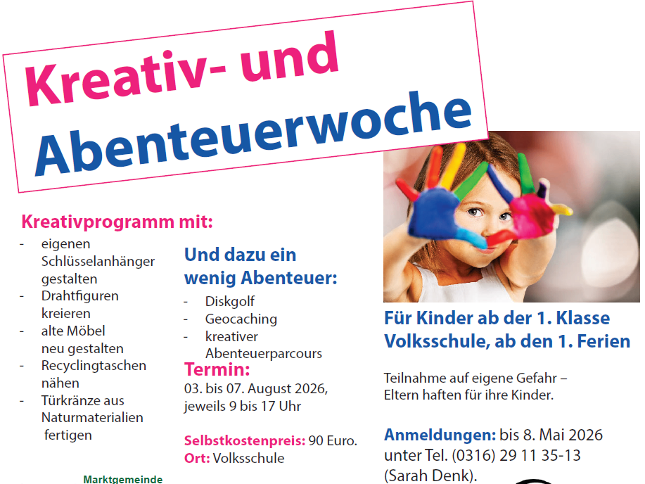 Eine Anzeige für eine Abenteuerwoche an der Volksschule mit Aktivitäten wie Discgolf und Geocaching. Teilnahme ist für Kinder ab der 1. Klasse. Anmeldefrist ist der 8. Mai.