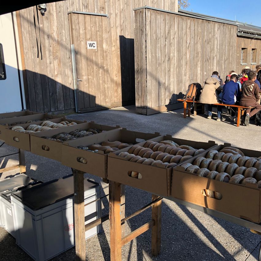 Ein Holzgebäude mit WC-Schild hat zwei Türen. Leute sitzen auf einer Bank davor. Ein Tisch hält Kartons mit Bagels.