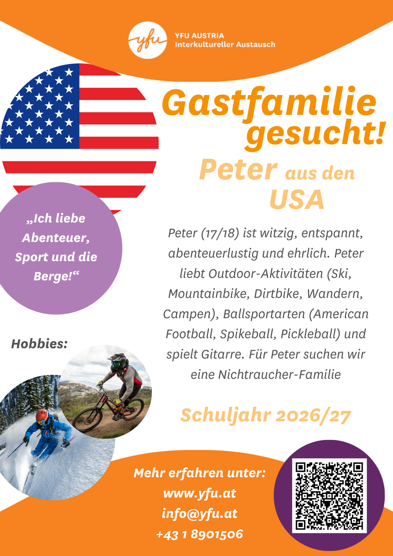 Plakat einer Familie, die eine Gastfamilie für Peter sucht, einen amerikanischen Teenager, der sich für Sport und Abenteuer interessiert. Er genießt Outdoor-Aktivitäten und Ballsportarten. Die Gastfamilie sollte nicht rauchen.