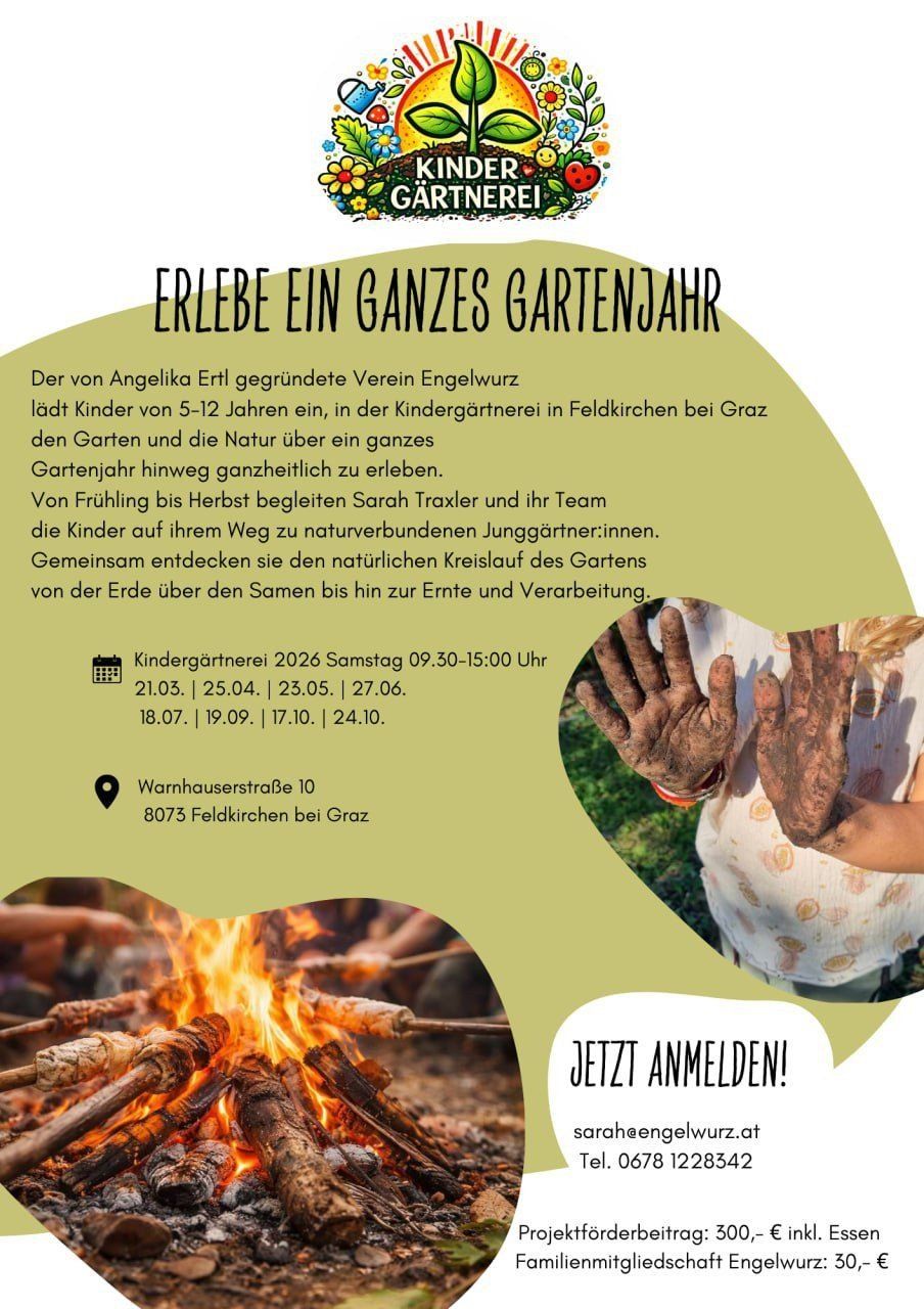 Plakat für eine Gartenveranstaltung für Kinder im Alter von 5-12 Jahren, geleitet von Angelika Ertl. Es enthält Daten, Zeiten und Ort. Zeigt die mit Erde bedeckten Hände eines Kindes und ein Lagerfeuer.