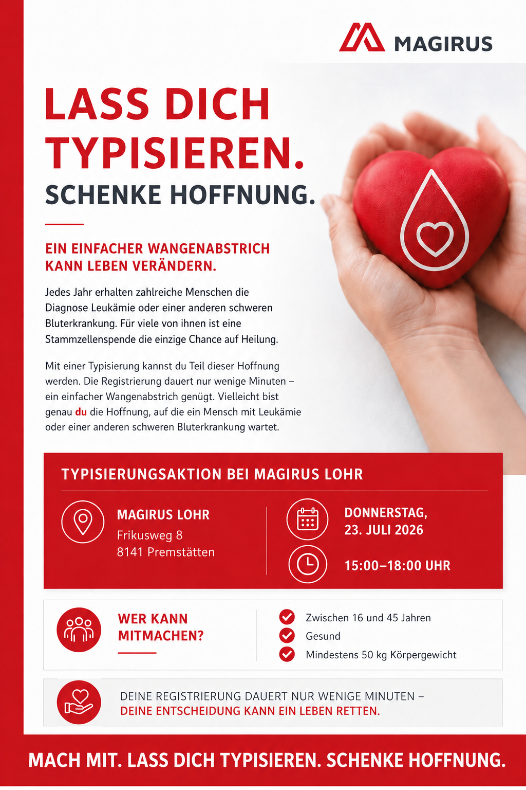 Ein Flyer für eine Blutspende-Veranstaltung bei Magirus Lohr am 23. Juli 2026 von 15:00 bis 18:00 Uhr. Es wird die Bedeutung der Blutspende für Menschen mit Leukämie oder anderen schweren Bluterkrankungen hervorgehoben.