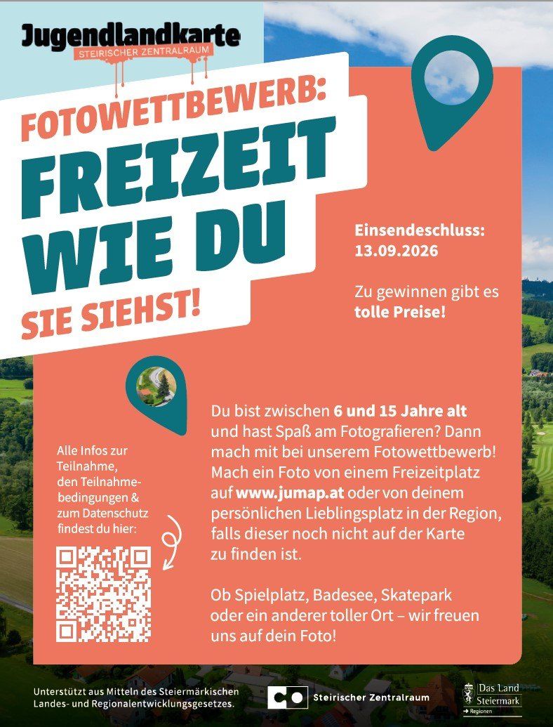 Plakat für einen Fotowettbewerb für Kinder im Alter von 6 bis 15 Jahren, die ermutigt werden, Fotos ihrer Lieblingsfreizeitorte einzureichen. Der Einsendeschluss ist der 13. September 2026, mit vielen Preisen zu gewinnen.