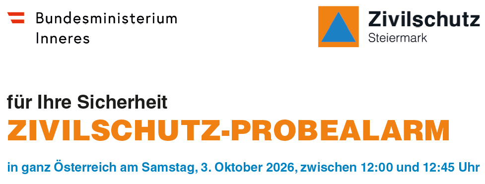 Plakat für eine Zivilschutzübung in Österreich am Samstag, 3. Oktober 2026, von 12:00 bis 16:00 Uhr. Der Text ist auf Deutsch.