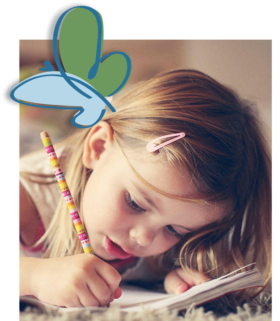 A young girl with long blonde hair is holding a pencil and seems to be doing some homework.