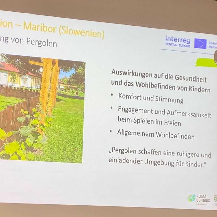 Ein Präsentationsfolie, die ein Foto eines Hauses mit Garten und Pergola zeigt, begleitet von Texten über die Auswirkungen von Pergolen auf die Gesundheit und das Wohlbefinden von Kindern.