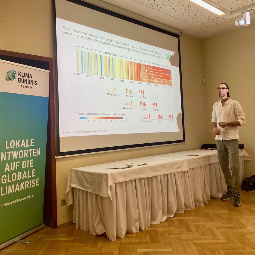 Ein Mann steht vor einer Projektionsleinwand, die eine Präsentation zum Klimawandel mit einem Diagramm und Text auf Deutsch zeigt.
