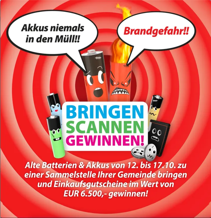 Ein Werbeplakat für eine Batteriesammlung. Es zeigt ein Feuer mit dem Text 'Brandgefahr!' und eine Batterie mit dem Text 'Akkus niemals in den Müll!'.