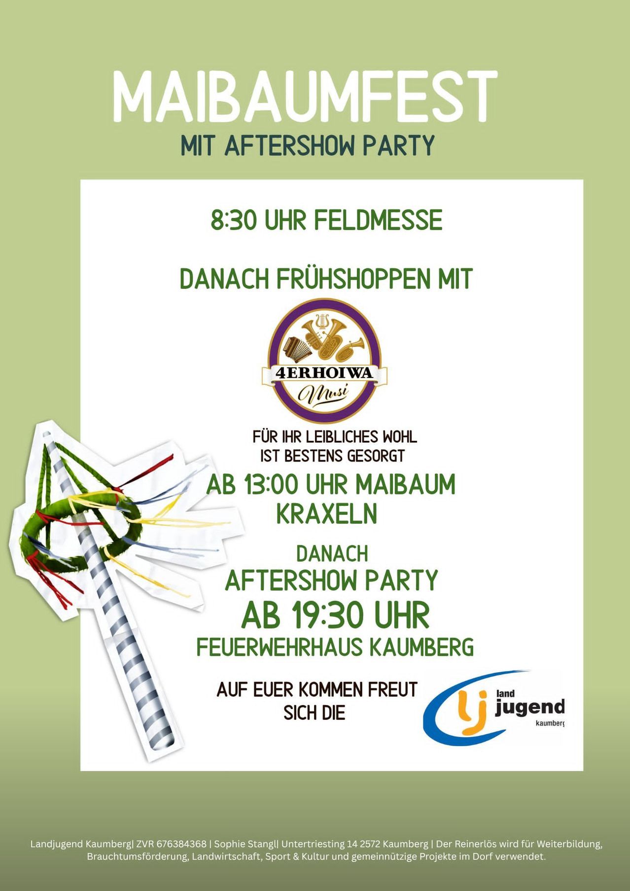 Plakat für einen Feldgottesdienst um 8:30 Uhr, gefolgt von Frühstück mit Musik. Danach Aftershow-Party um 19:30 Uhr im Feuerwehrhaus Kaumberg. Das Plakat zeigt einen geschmückten Maibaum.