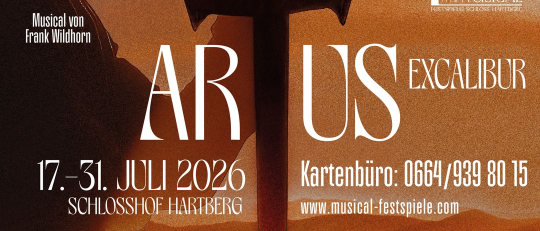 Plakat für eine musikalische Veranstaltung. Das Plakat zeigt ein Kreuz mit den Worten 'AR US' darüber. Unter dem Kreuz steht das Datum 'JULI 2026' und der Ort 'HOF HARTBERG'. Auf der rechten Seite befindet sich ein Link zur Website 'www.musical-fests'.