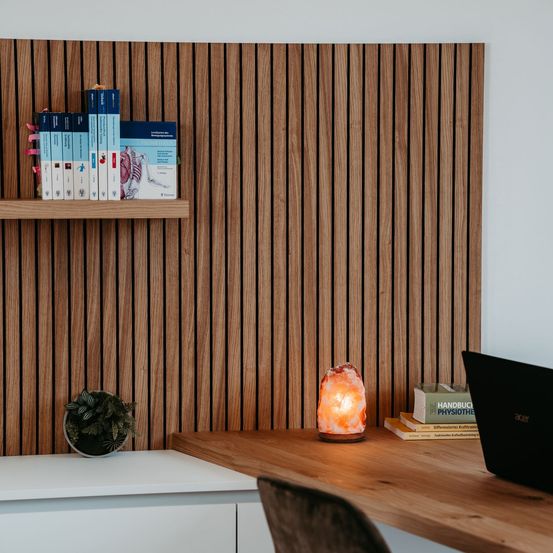 Eine Holzwand mit einem Regal, auf dem mehrere Bücher stehen. Unter dem Regal befindet sich ein Schreibtisch mit einer kleinen Topfpflanze, einer Lampe und einem Laptop.