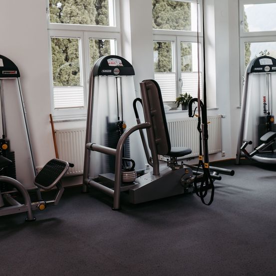 Ein Fitnessstudio-Interieur mit verschiedenen Trainingsgeräten, großen Fenstern und einem Topf auf der Fensterbank.