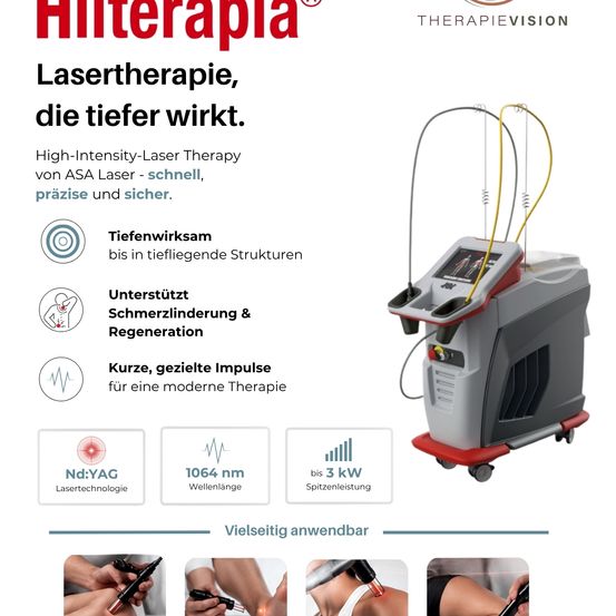 Werbung für Hilterapia Lasertherapiegerät mit seinen Tiefeneffekten, schnellen Ergebnissen und Sicherheit. Merkmale umfassen Tiefengewebeeffekt, Schmerzlinderung, Regeneration und vielseitige Anwendung. Spezifikationen umfassen Nd:YAG-Lasertechnologie, Wellenlänge 1064 nm, Leistung bis zu 3 kW.