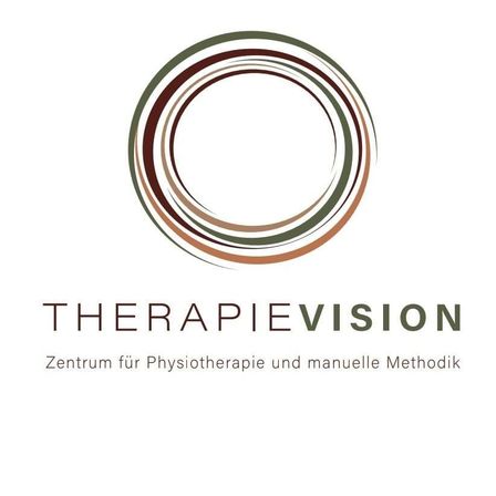 Das Logo von TherapieVision, einem Zentrum für Physiotherapie und manuelle Methoden, zeigt ein kreisförmiges Design mit konzentrischen braunen und grünen Bändern. Der Text ist in fetten, großgeschriebenen Buchstaben.