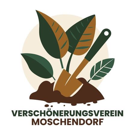 Eine Illustration einer Pflanze, die mit einer Schaufel sprießt, umgeben von grünen Blättern, mit dem Text 'Verschönerungsverein Moschendorf' unten.