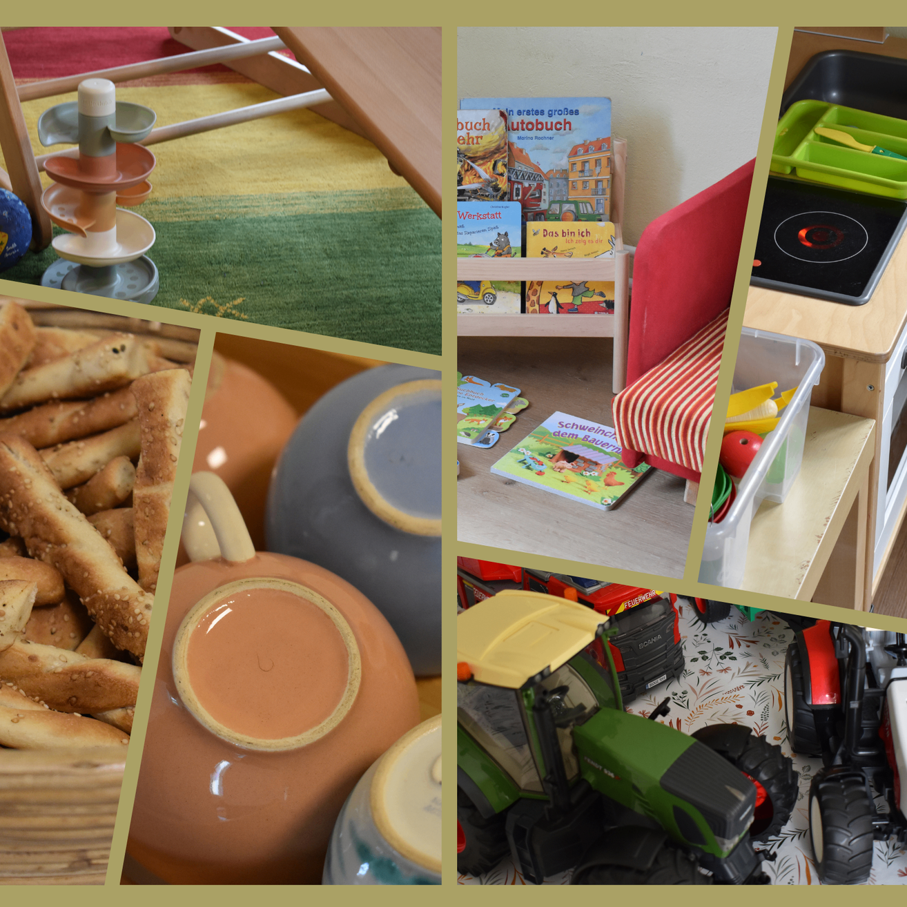 Eine Collage eines Spielbereichs für Kinder zeigt Brötchen, eine Keramikschüssel, einen Spielzeugtraktor, eine kleine Kücheneinrichtung, einen Stapel Bücher und einen kleinen Teppich.