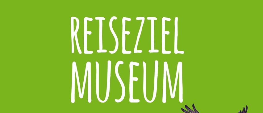 Ein Poster für das Reiseziel Museum, das eine verspielte Szene mit Kindern zeigt, die einen Bären, einen Frosch und Blumen reiten. Ein Vogel schwebt im Hintergrund.