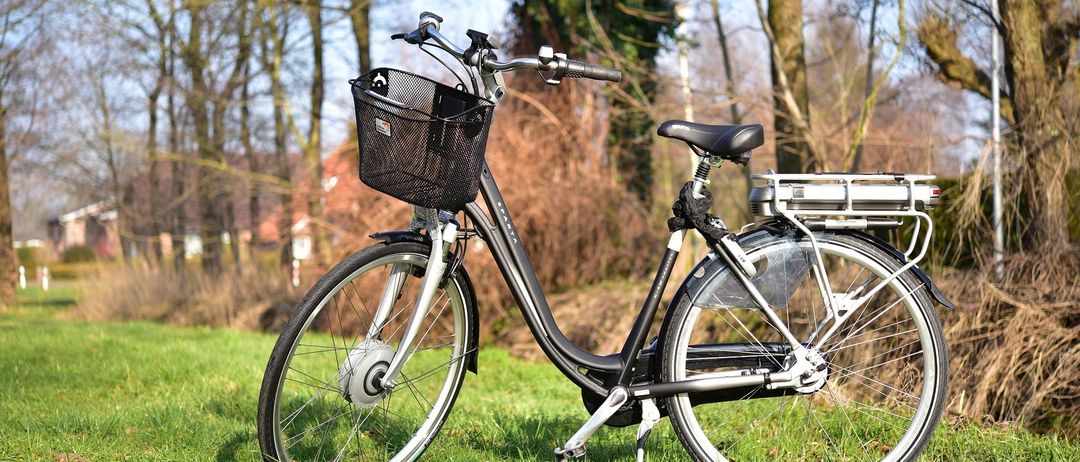 Ein schwarzes Fahrrad mit einem Korb ist auf einer Rasenfläche geparkt, mit Bäumen und einem Haus im Hintergrund.