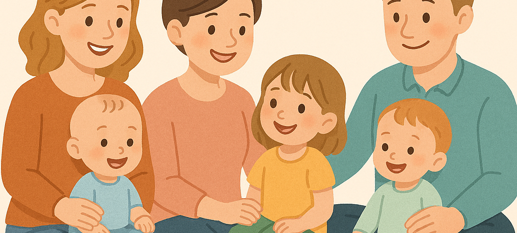 Eine Familie mit sechs Mitgliedern, zwei Eltern und vier Kindern, alle lächelnd und zusammen auf dem Boden sitzend. Die Kinder tragen Freizeitkleidung und scheinen glücklich zu sein.