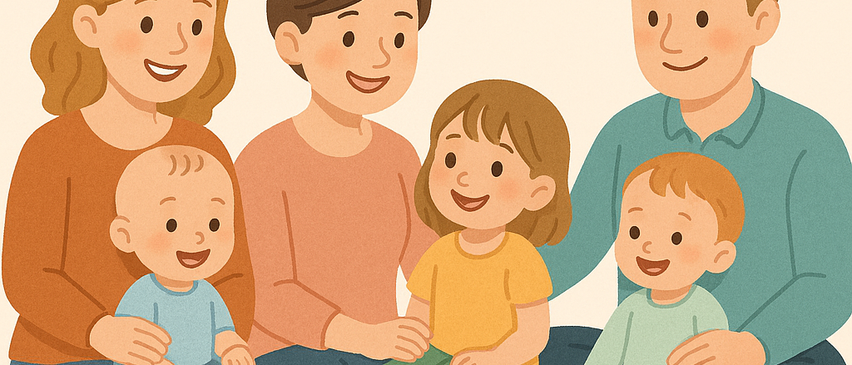 Eine Familie mit sechs Mitgliedern, zwei Eltern und vier Kindern, alle lächelnd und zusammen auf dem Boden sitzend. Die Kinder tragen Freizeitkleidung und scheinen glücklich zu sein.