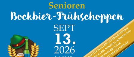 Plakat für eine Seniorenveranstaltung am 13. September 2026 mit einer Bierflasche, Brezen und einem bayerischen Hut. Die Veranstaltung wird von verschiedenen Gemeinden ausgerichtet.