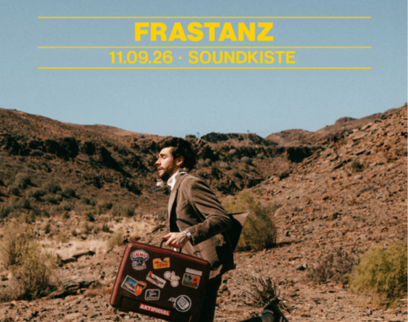 A man in a suit runs through a desert with a suitcase full of stickers. The image is an advertisement for Alvaro Soler's El Camino Tour 2026.