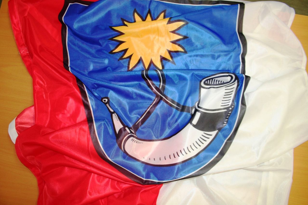 Eine Flagge mit einem blau-roten Schild, das eine Sonne und ein Horn zeigt, auf Stoff gedruckt.