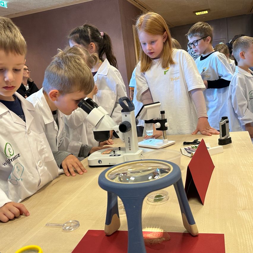 Kinder in Labormänteln untersuchen Proben unter Mikroskopen an einem Tisch in einem Klassenzimmer.