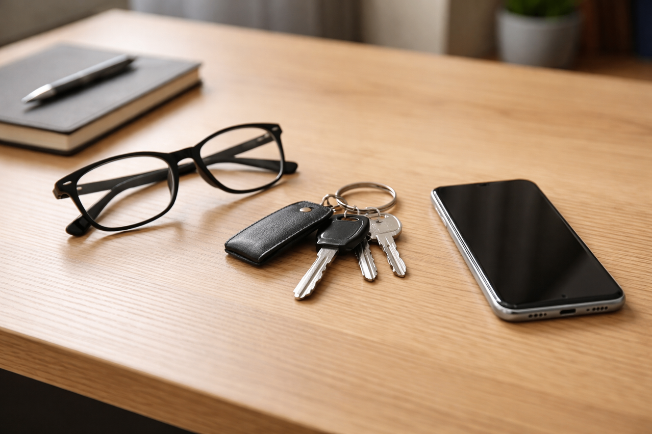 Ein hölzerner Schreibtisch mit einer Brille, einem Schlüsselbund und einem Smartphone darauf.