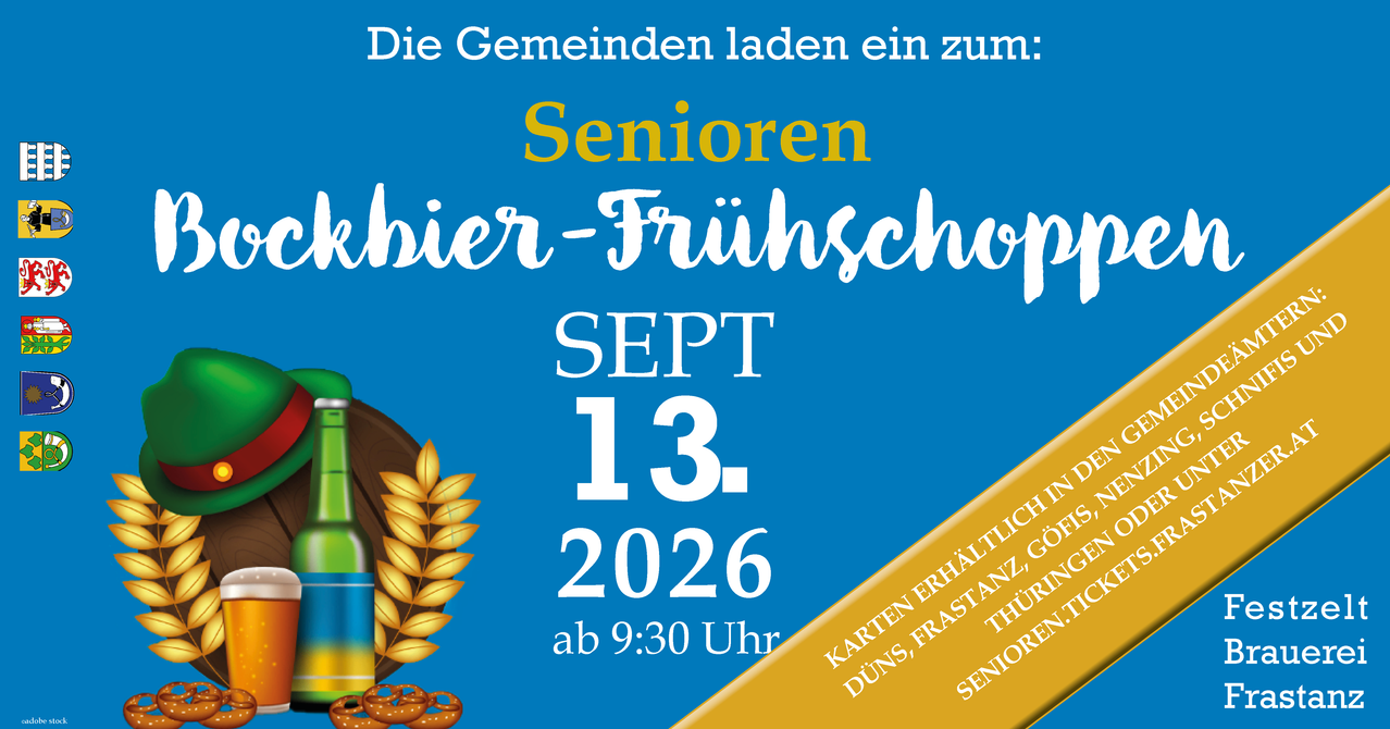 Plakat für ein Senioren-Bierfrühstück am 13. September 2026, ab 9:30 Uhr. Das Plakat zeigt eine Bierflasche, Brezeln und einen goldenen Weizengarben.