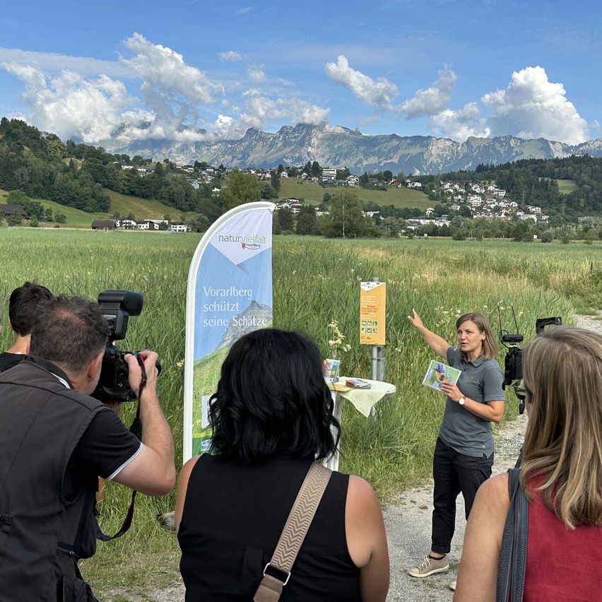 Eine Frau spricht zu einer Gruppe im Freien in einem Feld. Ein Mann filmt mit einer Kamera. Ein Banner mit Naturschutzbotschaften steht in der Nähe. Berge sind im Hintergrund.