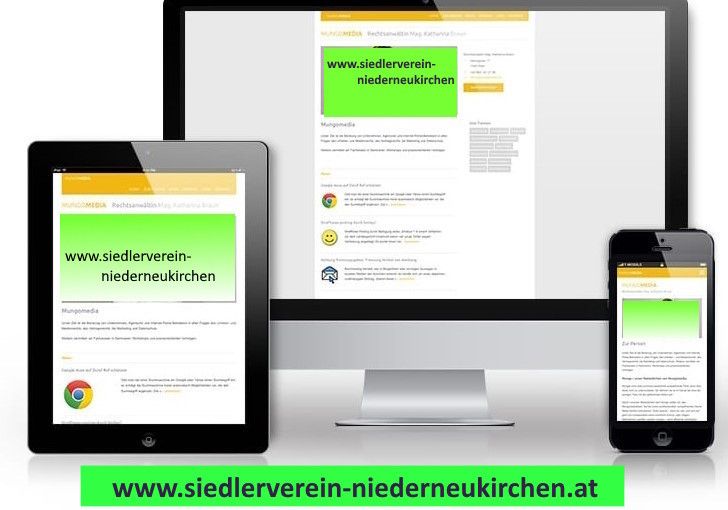 Ein Screenshot einer Website, die auf einem Computermonitor angezeigt wird, mit einem iPhone und einem iPad daneben. Die Website ist www.siedlerverein-niederneukirchen.at.