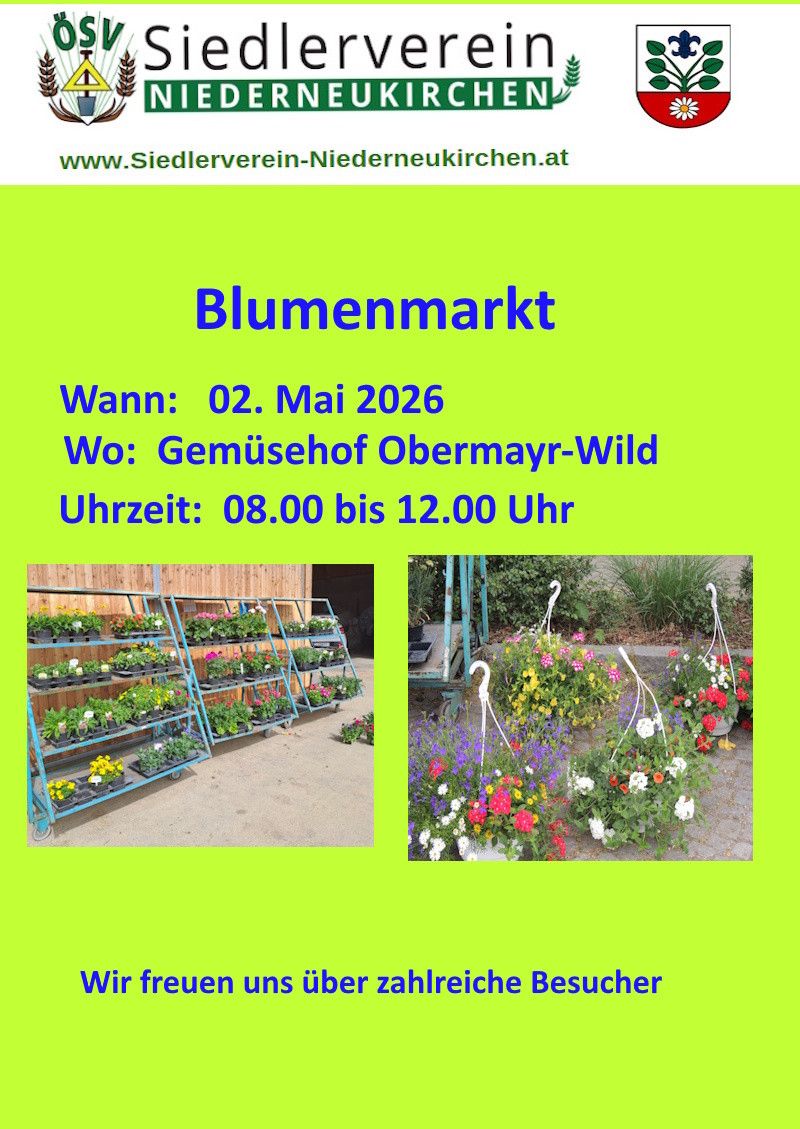 Grünes Plakat mit 'Blumenmarkt' oben, Datum 02.05.2026, Ort Gemusehof Obermayr-Wild, Zeit 08:00-12:00. Zwei Fotos von Blumenständen.