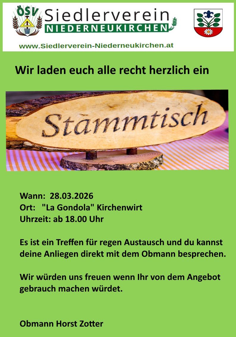 Eine Einladung zu einem Stammtisch am 28.03.2026 im 'La Gondola' Kirchenwirt, ab 18:00 Uhr. Es ist ein Treffen für regelmäßigen Austausch und du kannst deine Anliegen direkt mit dem Bürgermeister besprechen. Wir würden uns freuen, wenn Ihr von dem Angebot Gebrauch macht.