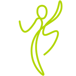 Eine gelbe Figur einer Person in Bewegung auf schwarzem Hintergrund mit einem kleinen gelben Quadrat rechts.