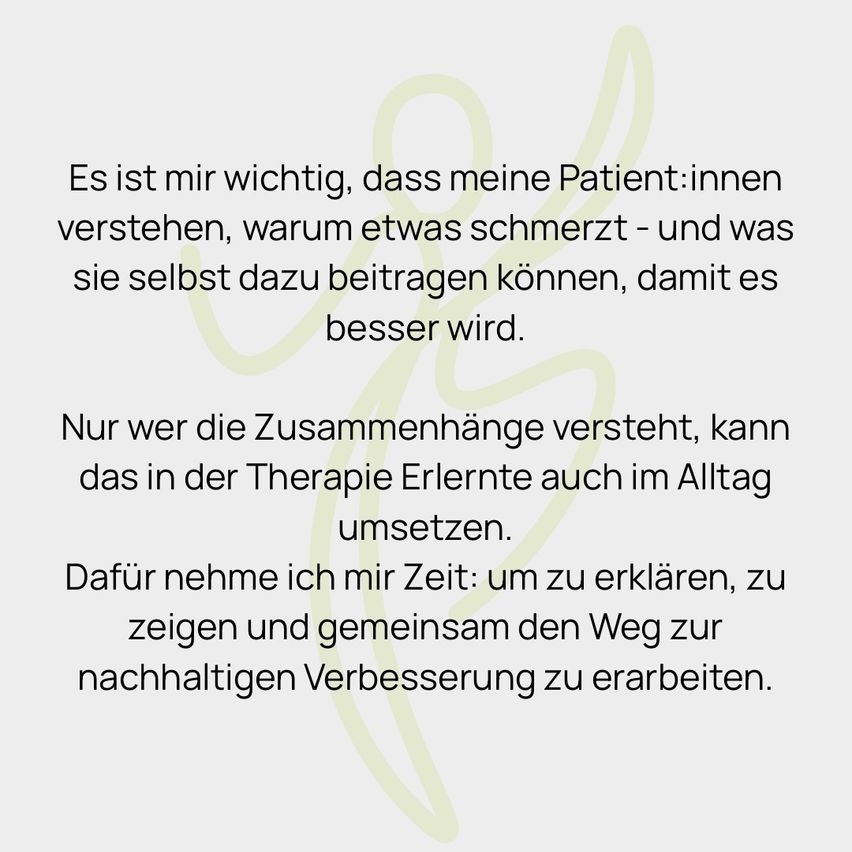 Ein Text über das Verständnis der Patienten in der Therapie. Es betont die Bedeutung, dass Patienten die Gründe für ihre Schmerzen verstehen und wie sie zu ihrer eigenen Verbesserung beitragen können. Es unterstreicht die Notwendigkeit von Zeit, um zu erklären, zu zeigen und gemeinsam den Weg zur nachhaltigen Verbesserung zu erarbeiten.