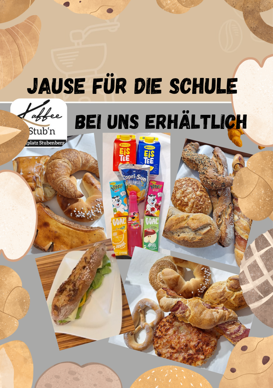 A collage of various food items like bread, croissants, and sandwiches is shown. The collage also features items like Capri-Sun, Yippy, and Goal. There is a logo for Kaffee Stub'n in the upper left corner.