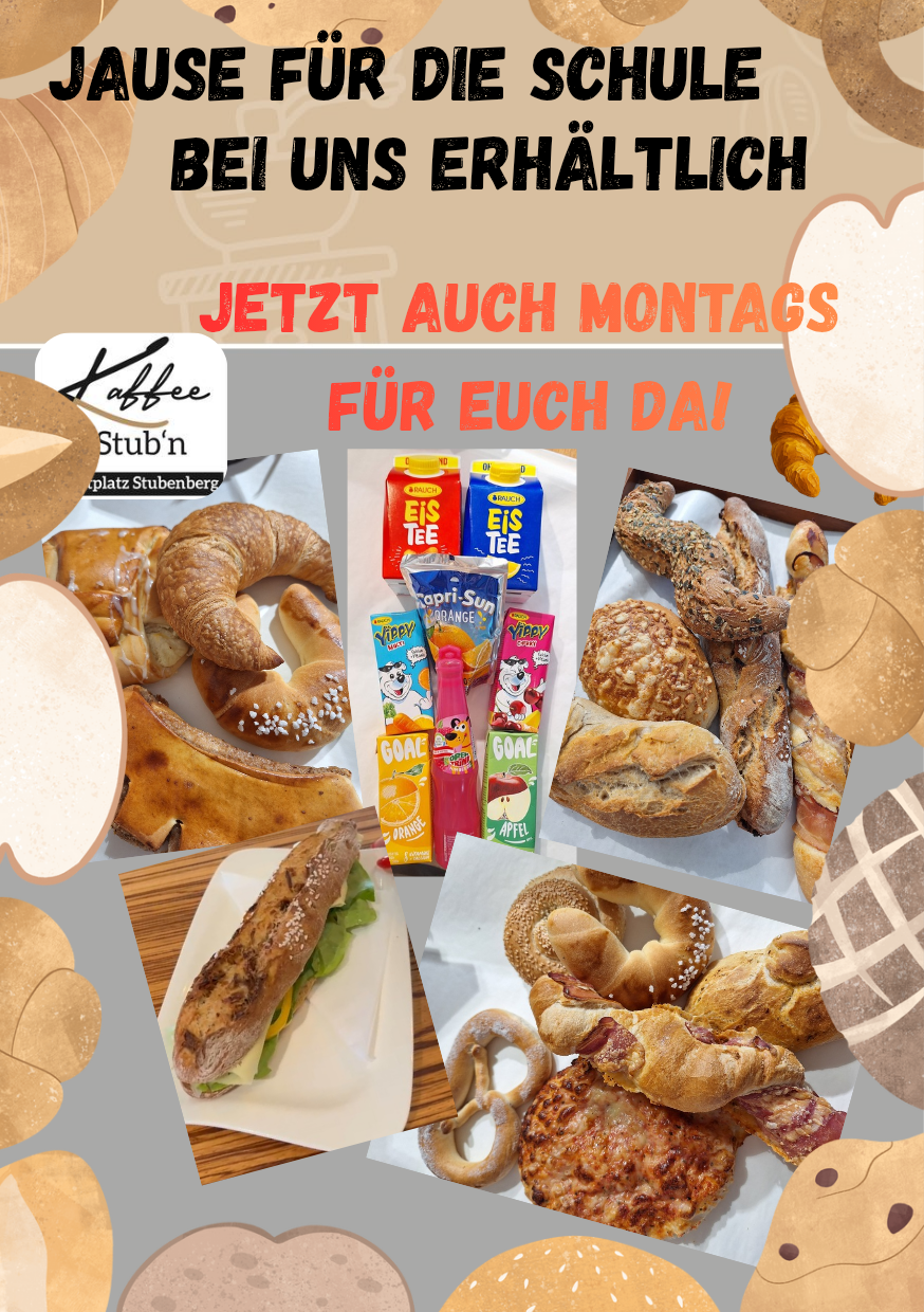 A collage of various breakfast foods including croissants, bread, and sandwiches, with a banner that reads 'JETZT AUCH MONTAGS FÜR EUCH DA!' in red letters.