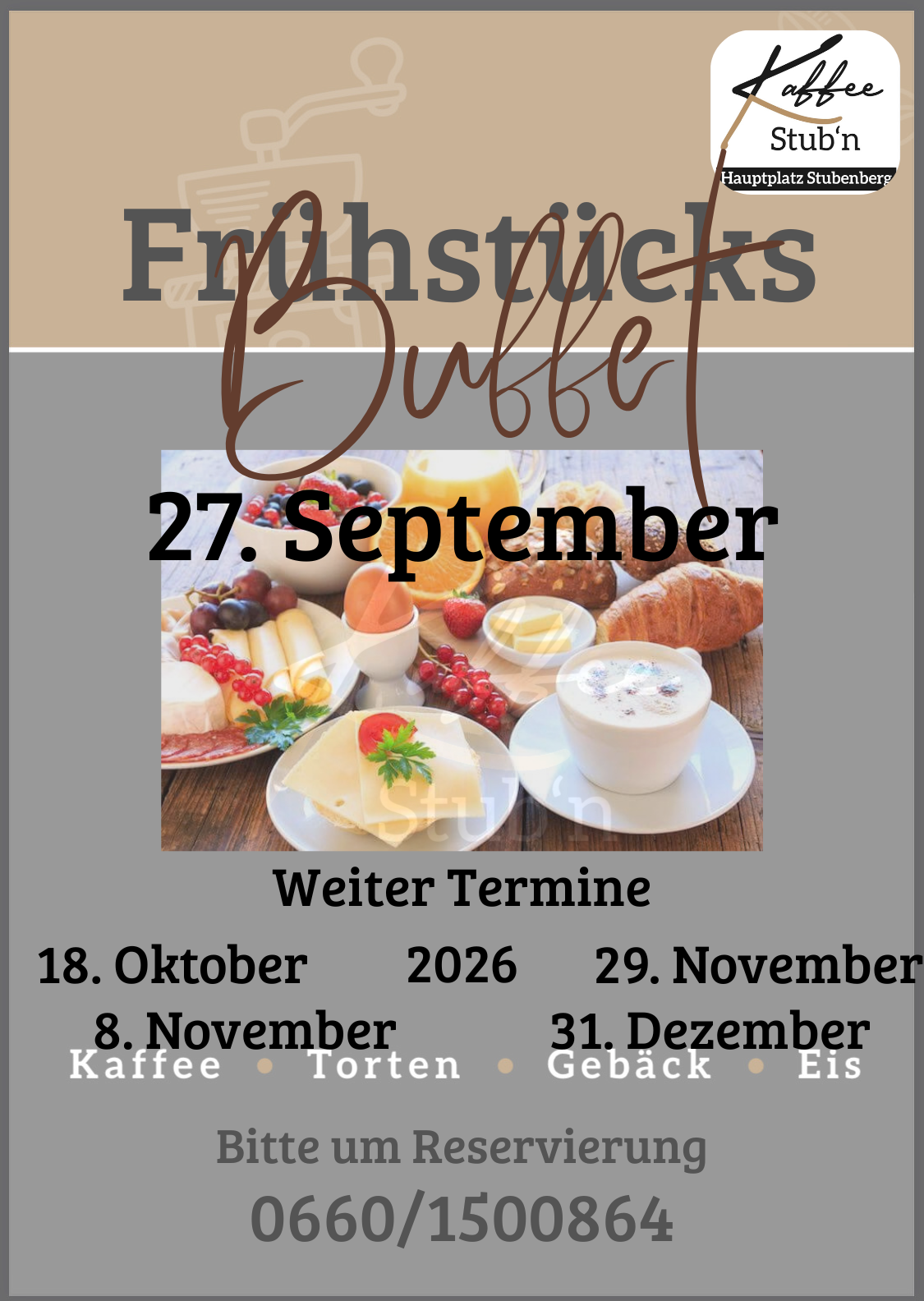 An advertisement for a breakfast buffet with various food items like bread, cheese, and fruits. The date is 27th September.