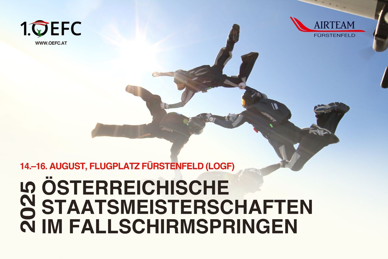 Ein Bild von mehreren Personen, die mit Helmen und Gurten Fallschirmspringen. Sie führen akrobatische Manöver in der Luft durch. Der Text auf dem Bild lautet: 'August, Flughafen Fürstenfeld (LOGF) Österreichische Fallschirmsprungmeisterschaften'.