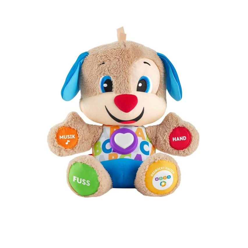 Ein Plüschhund mit blauen Ohren, einer roten Nase und farbigen Flecken mit Buchstaben und Zahlen auf seinem Körper, der auf einem weißen Hintergrund sitzt.