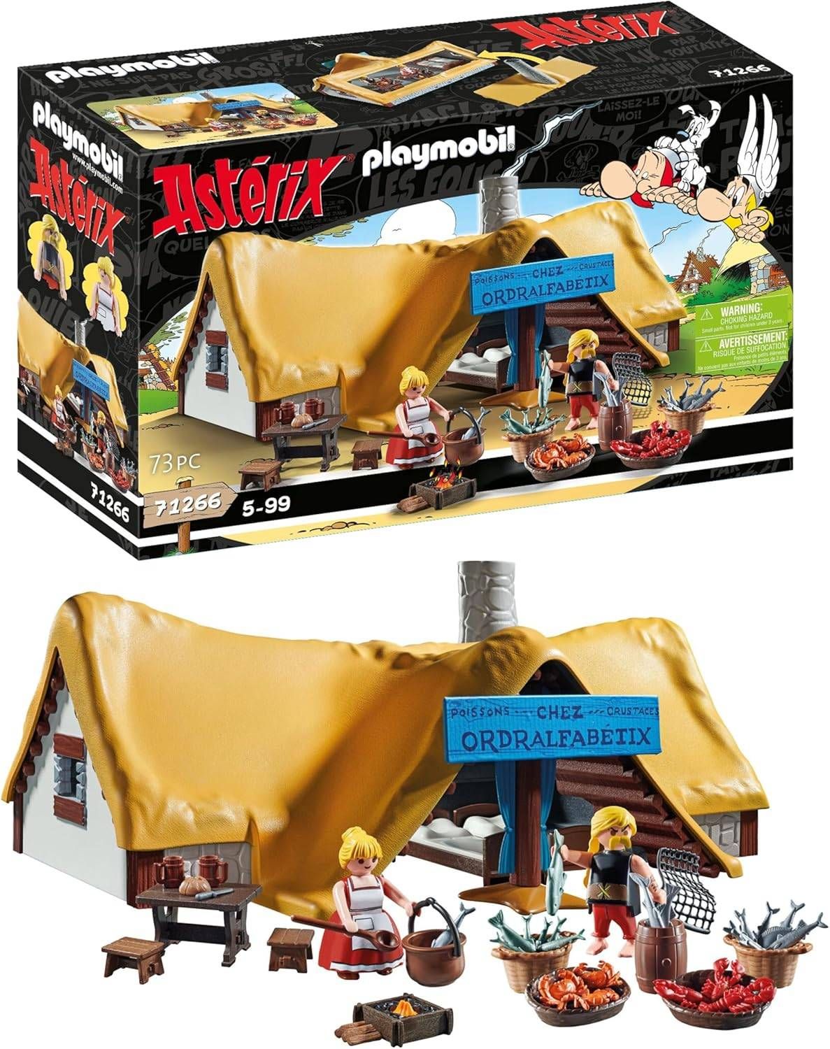Eine Playmobil-Box mit dem Asterix-Thema. Die Box zeigt eine Dorfszene mit einer Hütte und Figuren. Unten ist das eigentliche Playmobil-Set mit einem gelben Dach, Figuren und einem Schild mit der Aufschrift Ordralfabetix abgebildet.